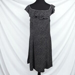 Vintage R & Co.‎ Dress Woman 12 Black Polka Dot Knee Length Ruffle Trim Babydoll